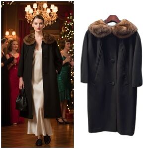 VTG 50s 60s I. Magnin Mink Peter Pan Collar Wool Coat - Women's Sz S M Mod 3/4